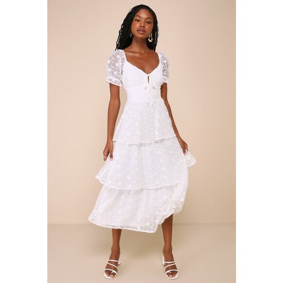 Lulus NWT Precious Sweetie White Floral Embroidered Sweetheart Midi Dress Small - Picture 1 of 10